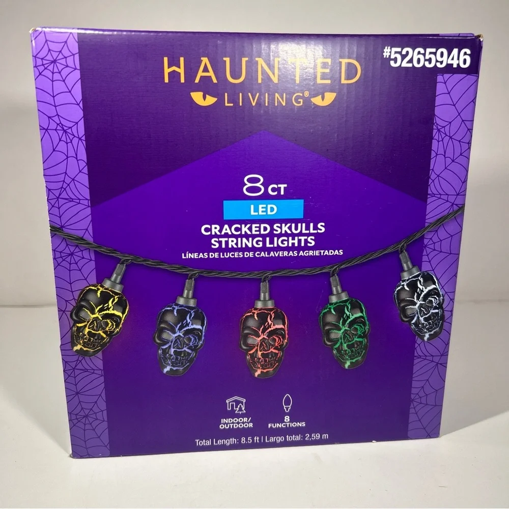 Halloween Gemmy Haunted Living 8 ct Cracked Skull String Lights Multicolored